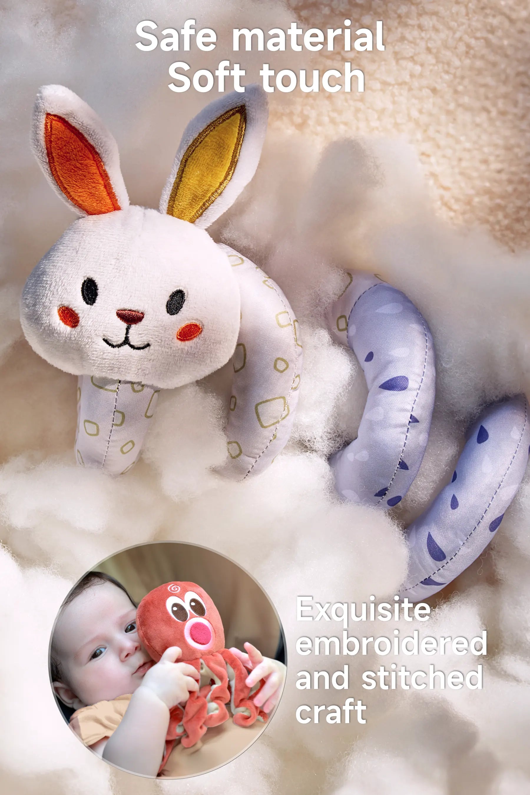 Close-up of a soft spiral bunny toy made from plush, baby-safe materials, resting on cozy fabric. Inset image shows a baby holding and interacting with a plush octopus toy, highlighting its gentle texture and safe design. Ideal for sensory play and comfort.