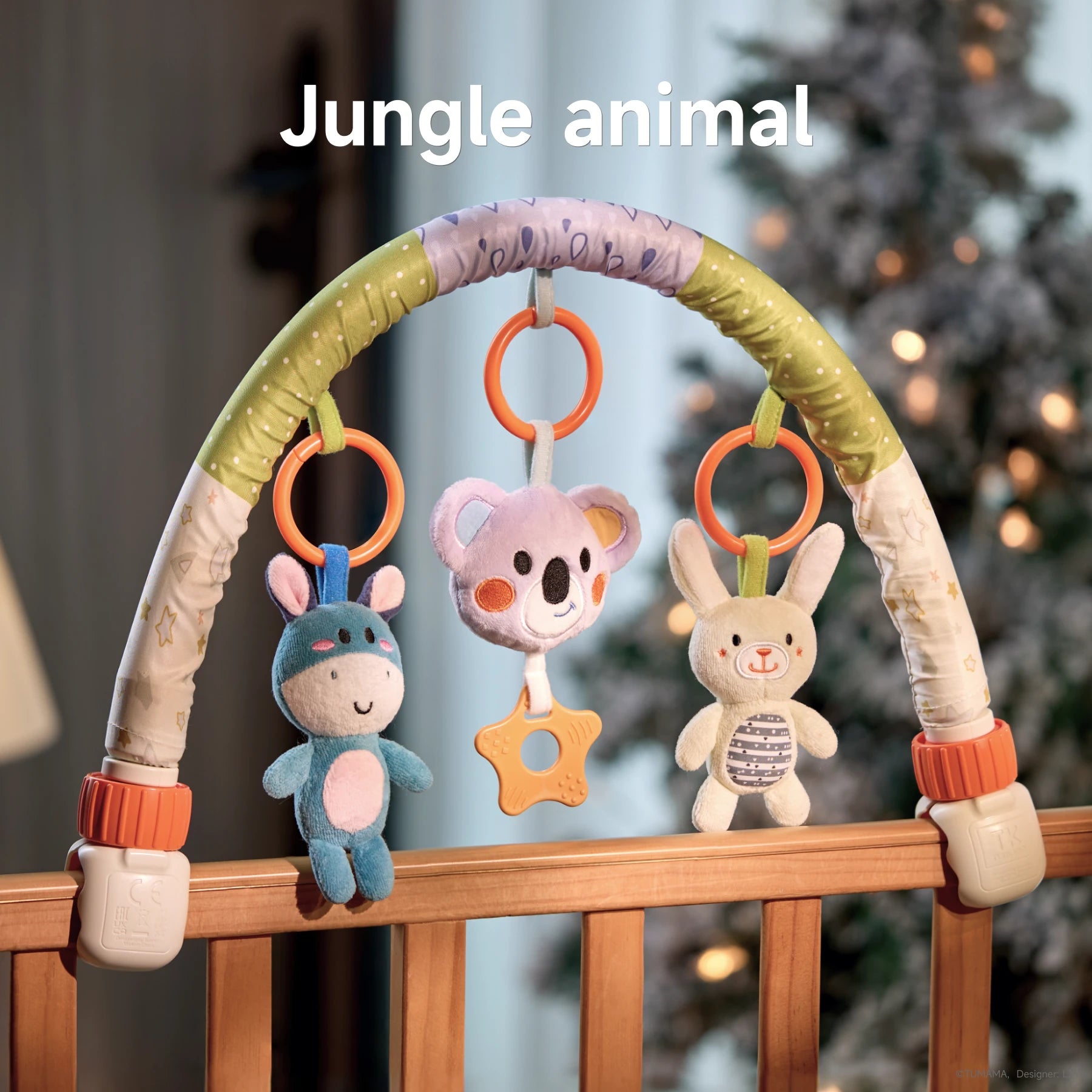 Jungle animal-themed baby toy arch with plush koala, bunny, and kangaroo hanging toys, designed for attachment to cribs or playpens to entertain and stimulate infants.