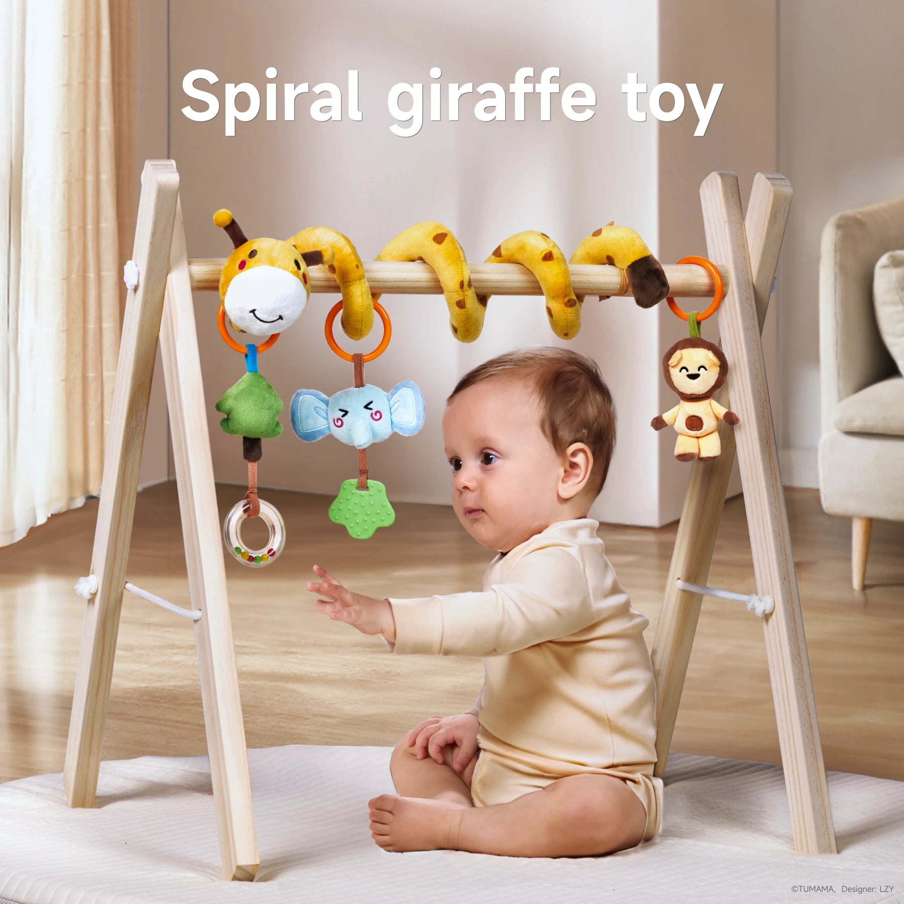 Spiral giraffe-themed baby toy attached to a wooden activity gym, with plush animals like an elephant and monkey, and teething toys for infant sensory play.