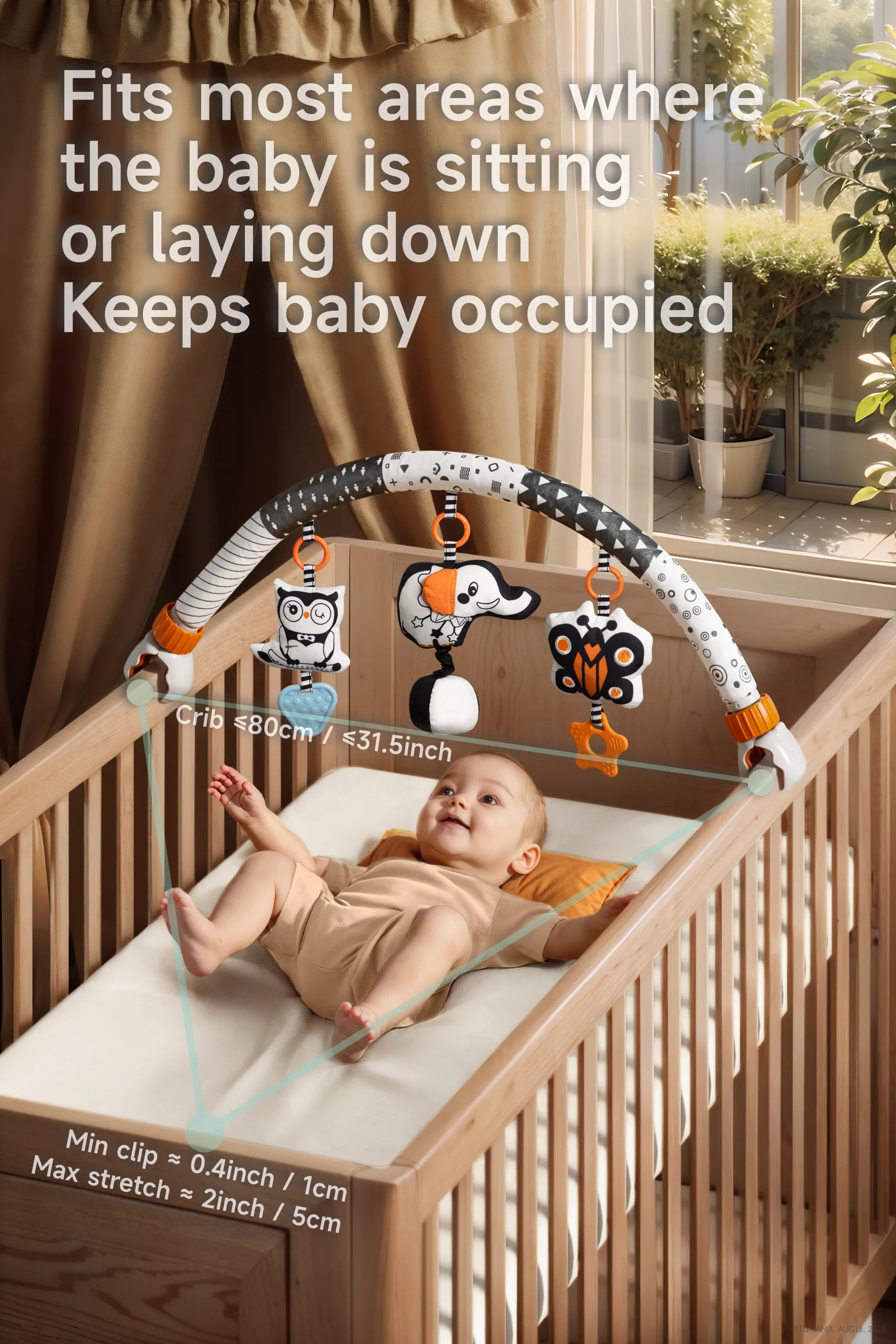 Visual black and white toy for babies with stroller arch and animal characters