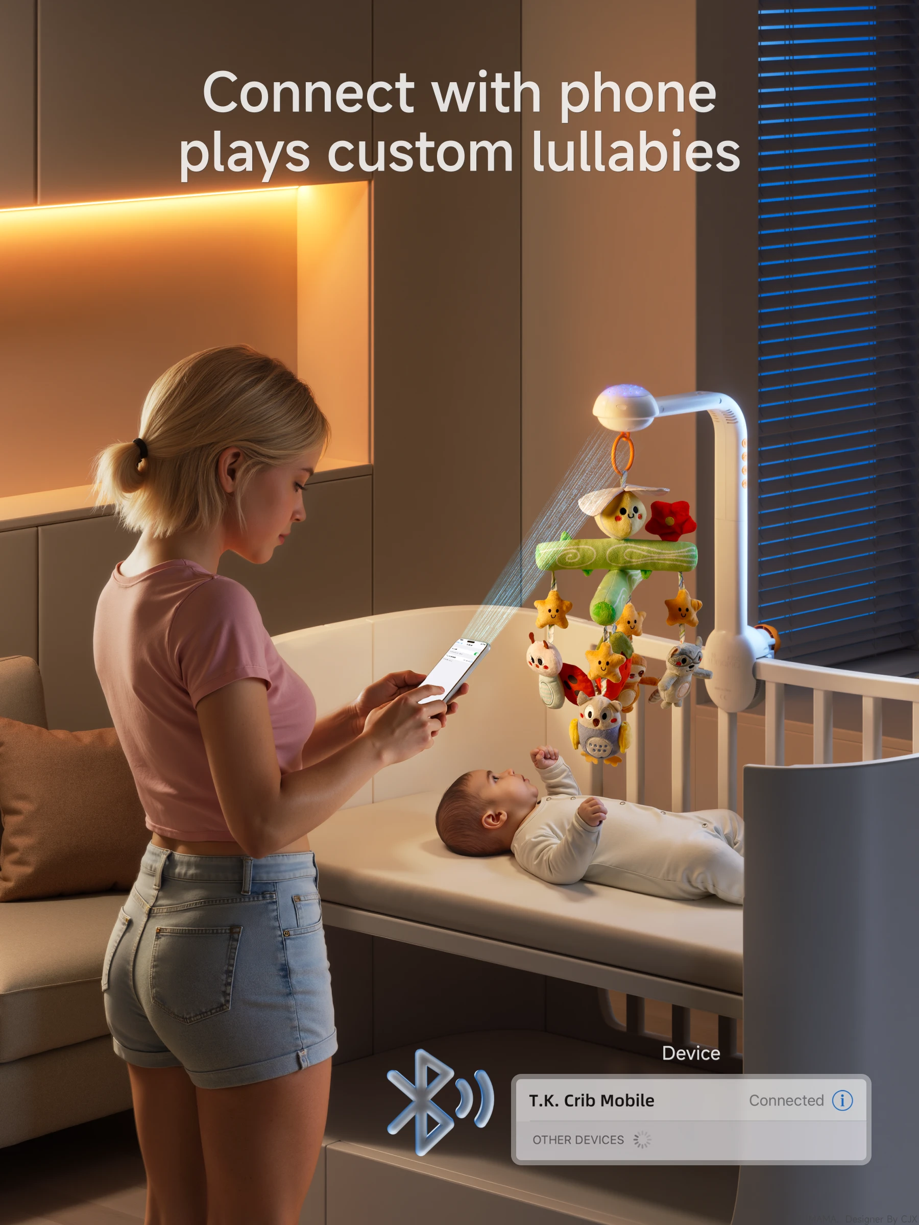 A mother connects her smartphone to a Bluetooth-enabled crib mobile featuring plush toys (bee, ladybug, owl, raccoon, and stars). The mobile projects colorful lights, plays custom lullabies, and gently rotates to engage and soothe a baby lying in the crib.