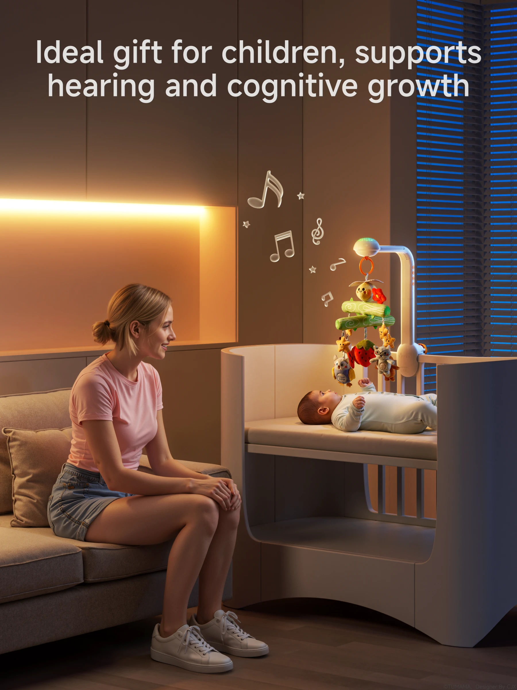A mother sits near a crib, watching her baby enjoy a musical crib mobile with plush toys, gentle rotation, and soothing melodies. The mobile supports hearing and cognitive growth, projecting soft lights onto the ceiling.