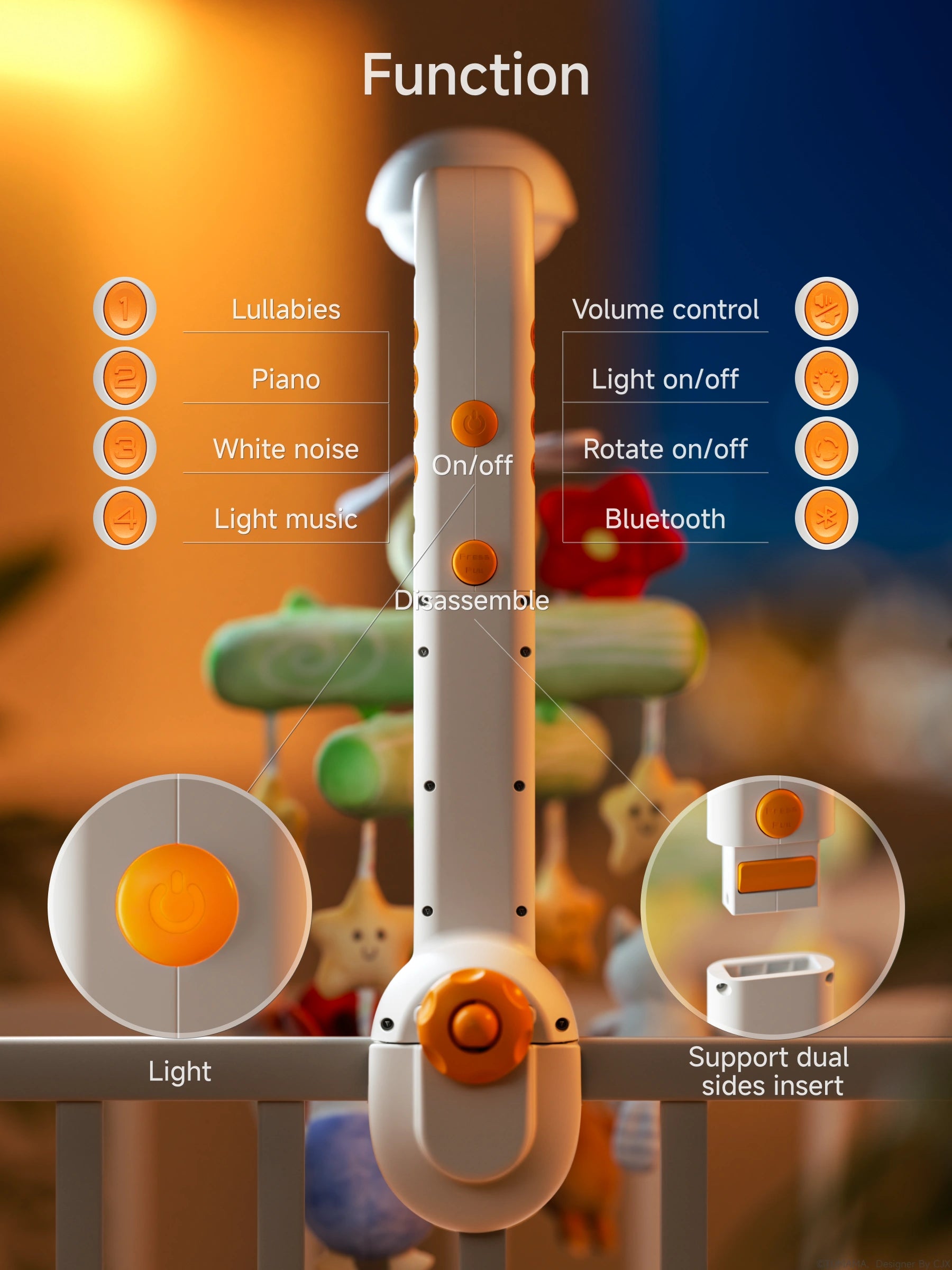 Close-up of a multifunctional crib mobile’s control panel, showing buttons for lullabies, white noise, piano, light music, volume, light on/off, rotation on/off, and Bluetooth. The mobile is securely attached to a crib with a dual-sided installation design.