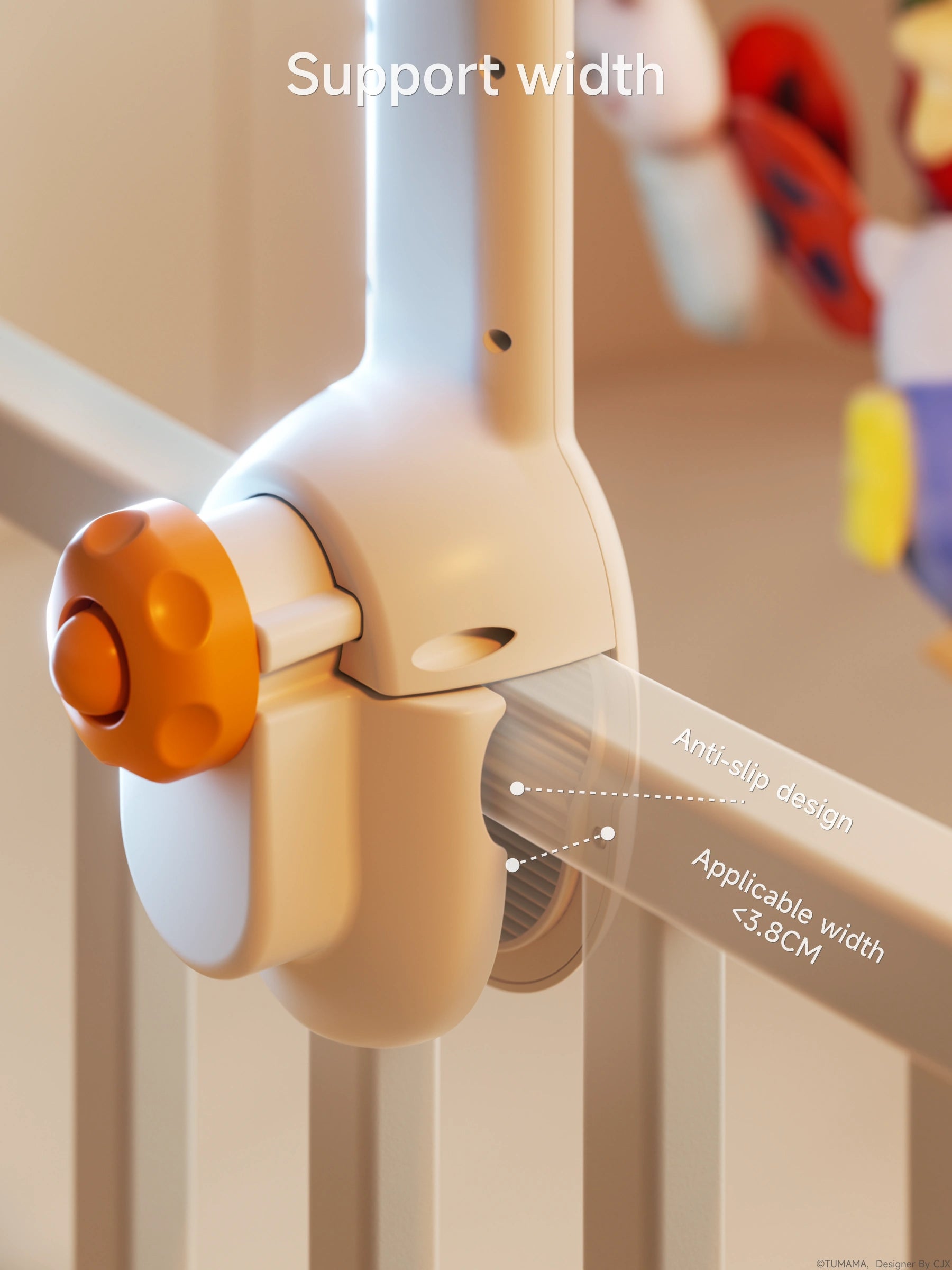 Close-up of a crib mobile clamp with an anti-slip design, securely attached to a crib rail. The clamp is highlighted with details showing its compatibility for rails with a width of less than 3.8 cm.