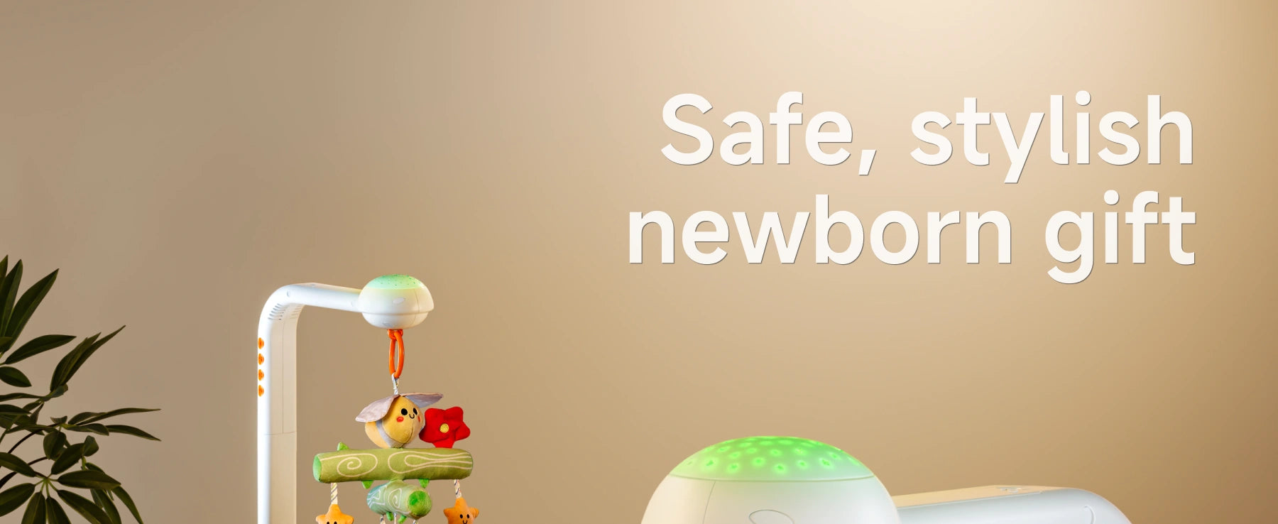 A stylish crib mobile with plush toys and a nightlight projector, designed as a safe and practical gift for newborns. The mobile hangs elegantly, providing a soothing and decorative addition to the nursery.