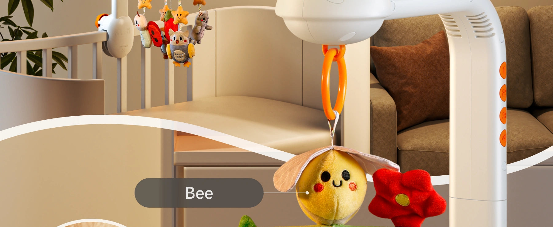 Close-up of a crib mobile showing a soft, smiling plush bee toy, alongside other hanging characters like stars, a ladybug, and a raccoon. The mobile is securely attached to a crib, enhancing the nursery’s charm.