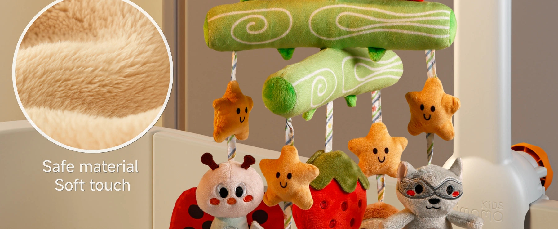 Close-up of a crib mobile’s plush toys, showcasing a soft-touch material with vibrant designs including stars, a ladybug, a strawberry, and a raccoon. The material is highlighted for its safe and gentle feel, perfect for babies.