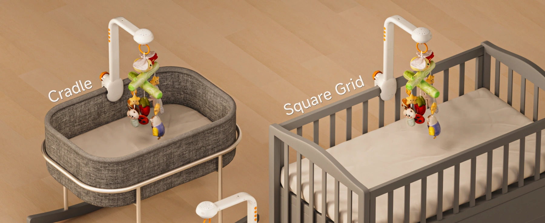 A versatile crib mobile is shown attached to a cradle on the left and a square grid crib on the right. The mobile features plush toys, gentle rotation, and a secure clamp for different crib designs.