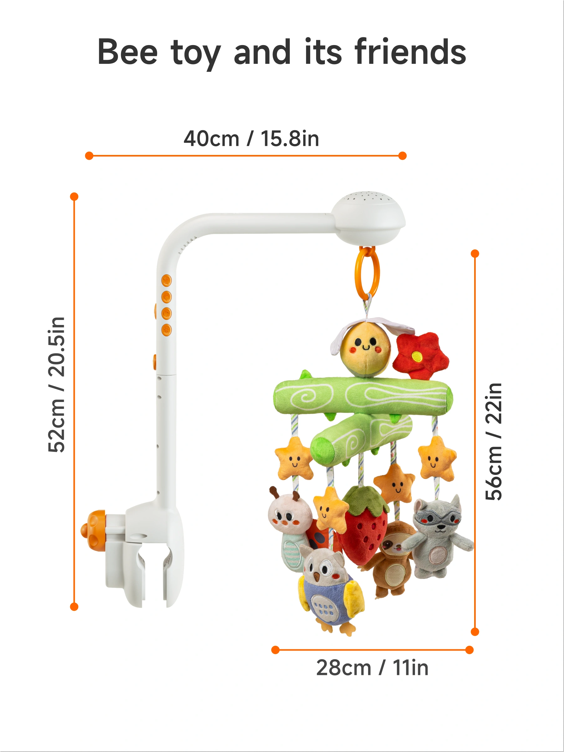 A detailed crib mobile design featuring dimensions: 52 cm height, 40 cm width, 28 cm diameter, and 56 cm hanging length. The mobile includes a bee, stars, and other plush toys, showcasing an adorable and space-efficient design.
