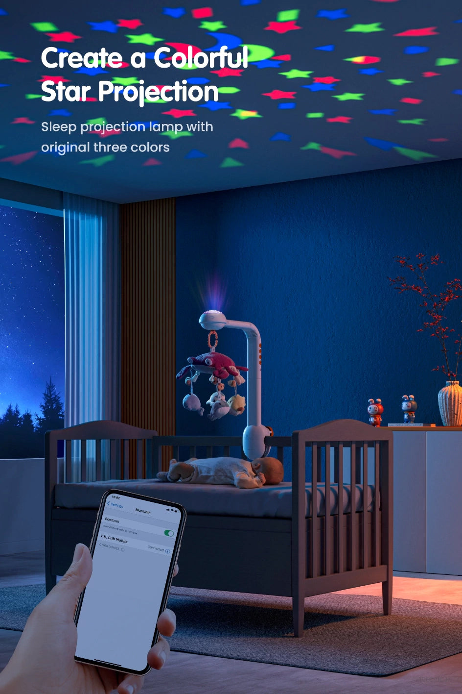 bluetooth crib toys with projection night light create afoloful star projection