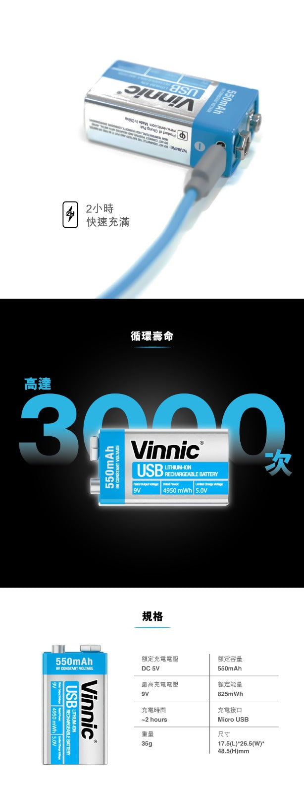 Vinnic USB 可充電電池 9V (1粒裝)