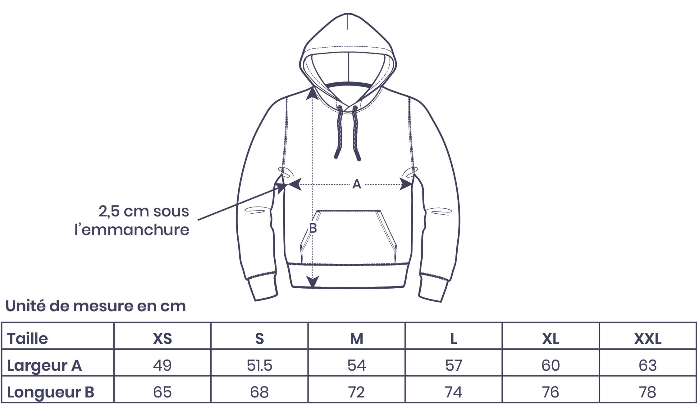 Tableau taille hoodie unisexe adulte Cruise.