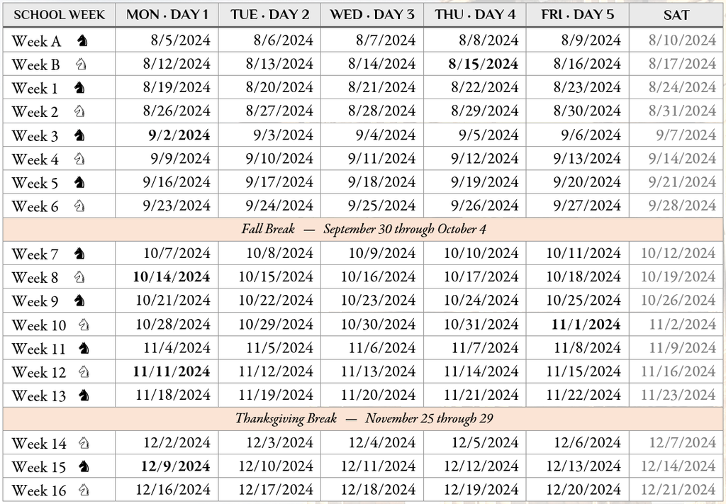 Fall Class Calendar