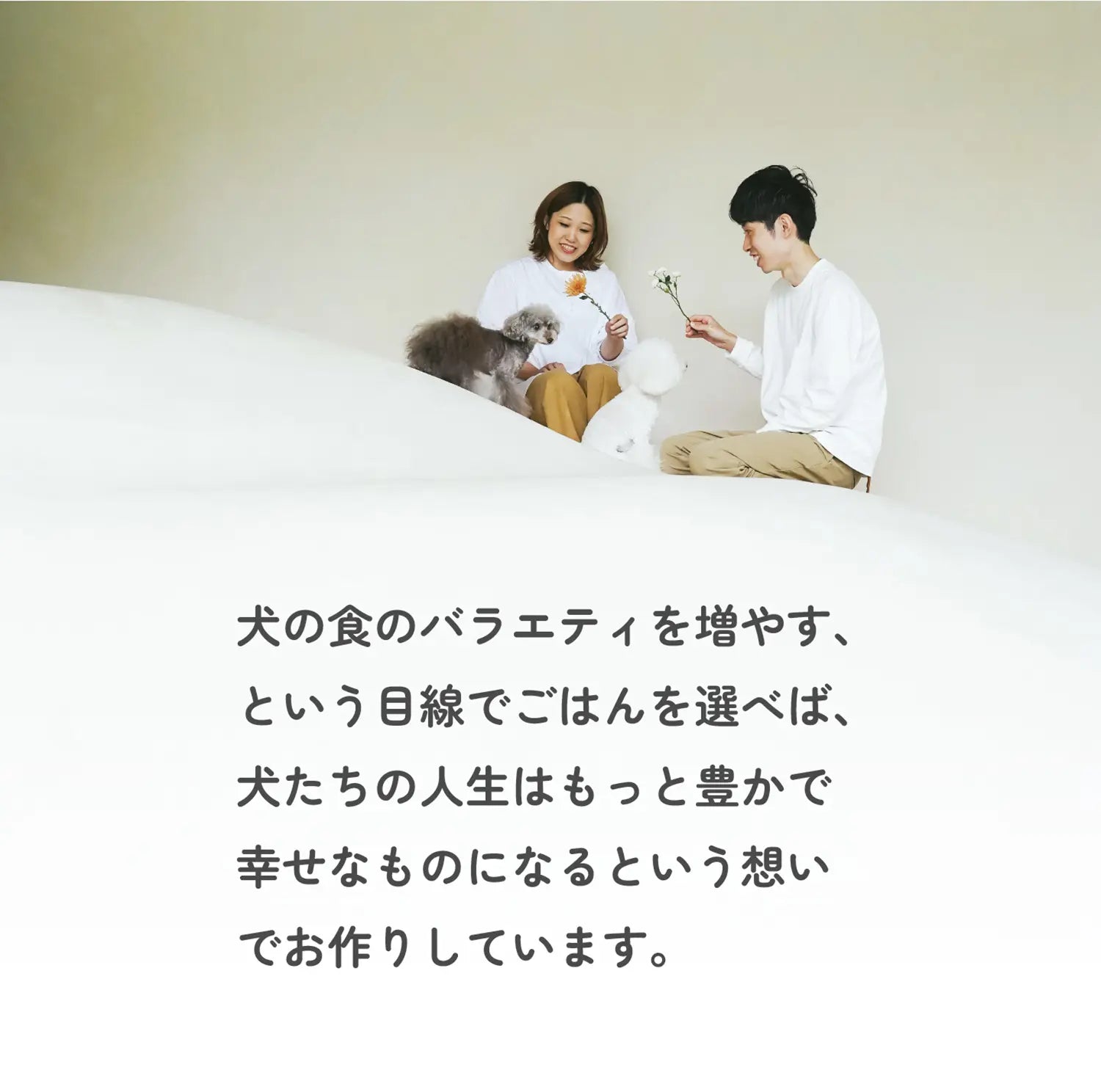 犬の食のバラエティを増やす、という目線でごはんを選べば、犬たちの人生はもっと豊かで幸せなものになるという想いでお作りしています。