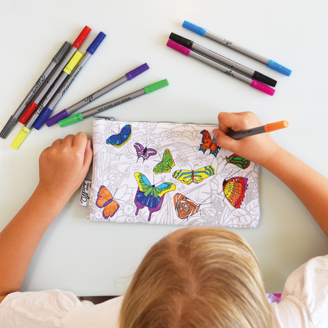 Image depicting a colour in pencil case with butterfly design to colour-in and wash out