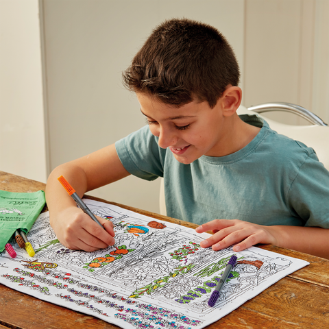 Image depicting a colour in kids placemat with foods and vegetables design to colour-in and wash out