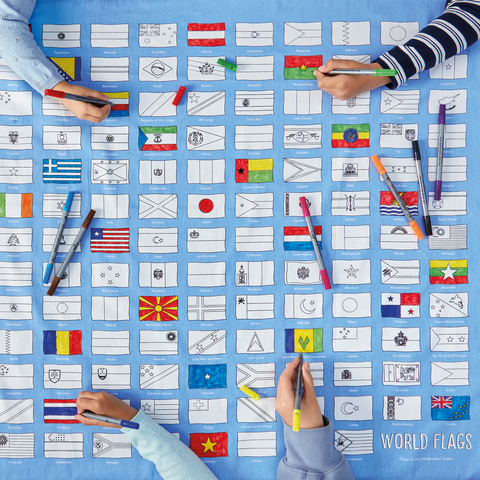 Image depicting a colour in tablecloth with world flags design to colour-in and wash out
