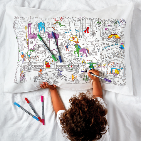Image depicting a colour in pillowcase with fairytale and legends design to colour-in and wash out