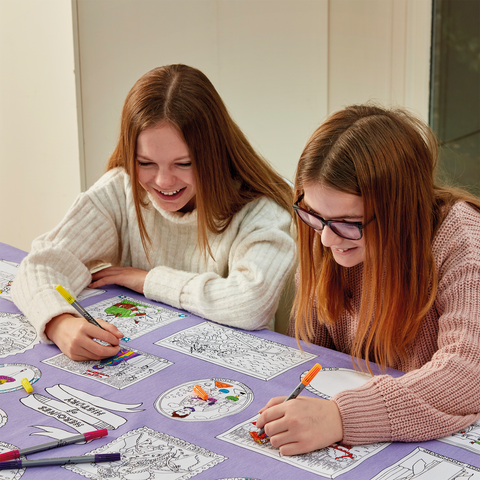 Image depicting a colour in tablecloth with famous women heroines of history design to colour-in and wash out