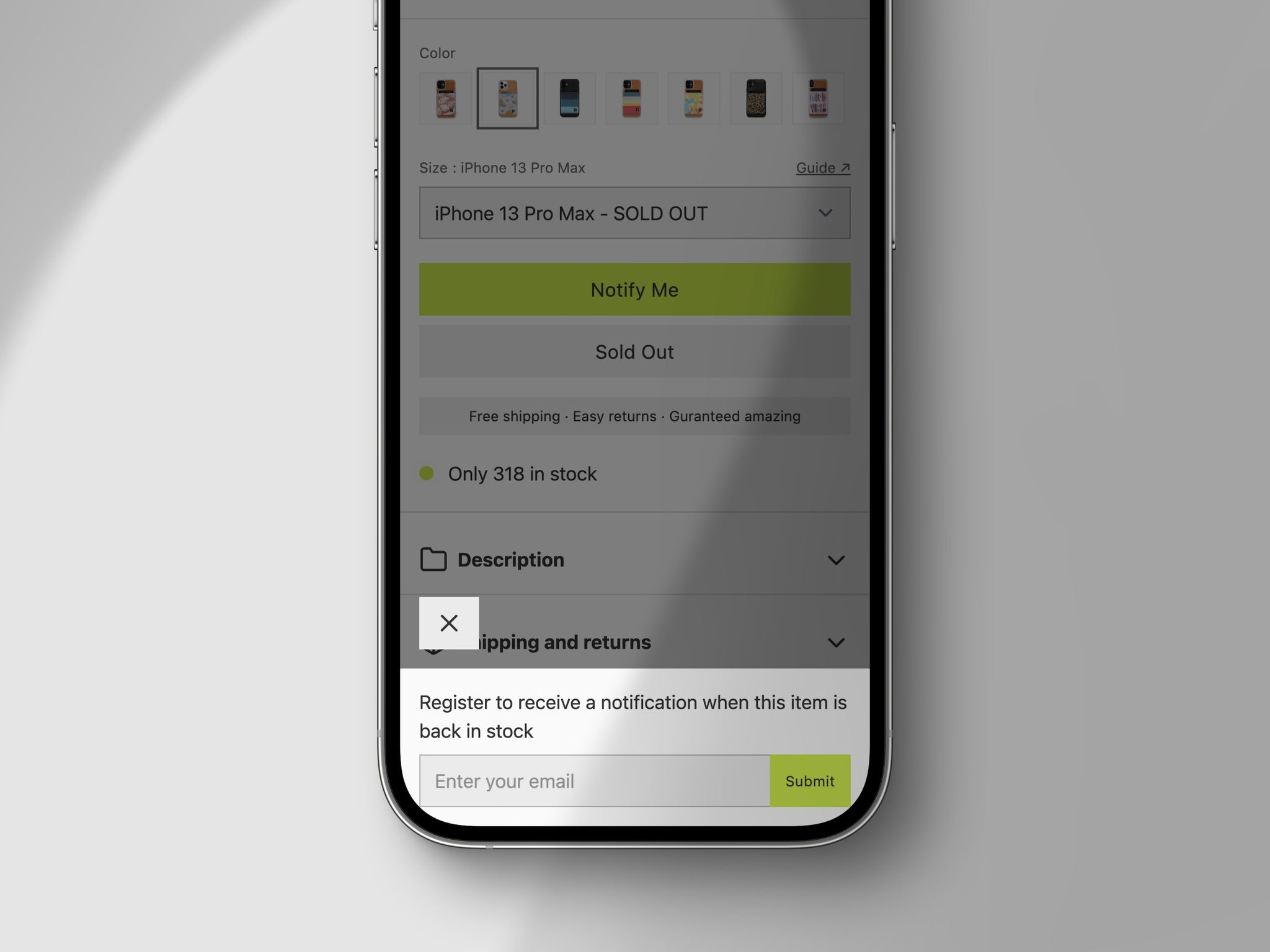 Mobile screenshot of Paper Shopify theme with a back in stock form