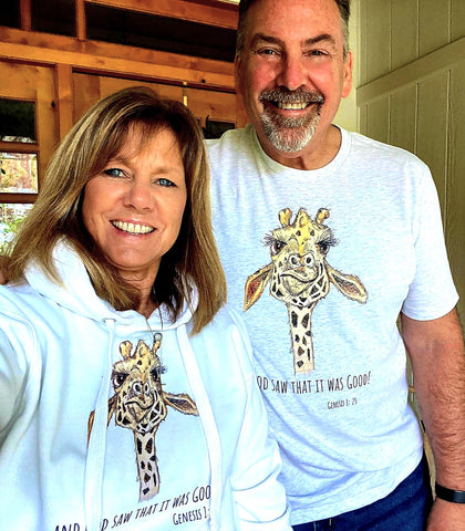 Allen and I wearing our first "giraffe shirt"