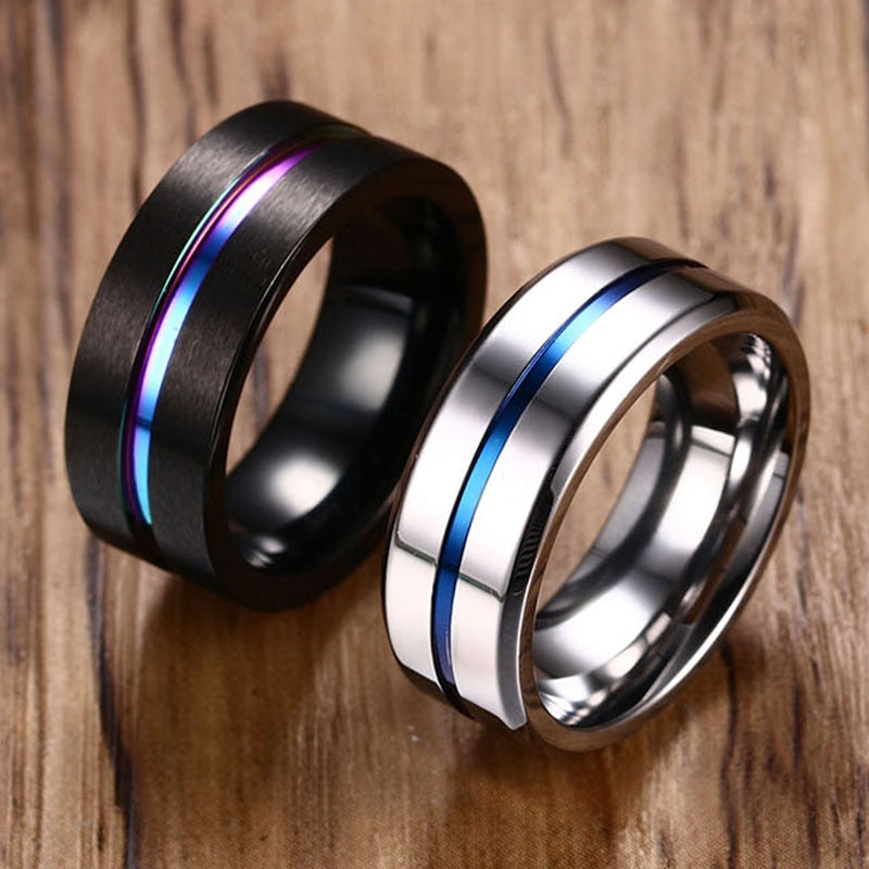 6/8mm Black Ring for Men Women Groove Rainbow Stainless Steel