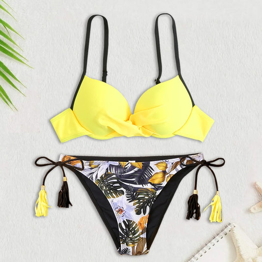 Leaves Printed Push Up Swimsuit Small Chest Women Two Piece Swimwear  Beachwear Bathing Suit Bikini Set