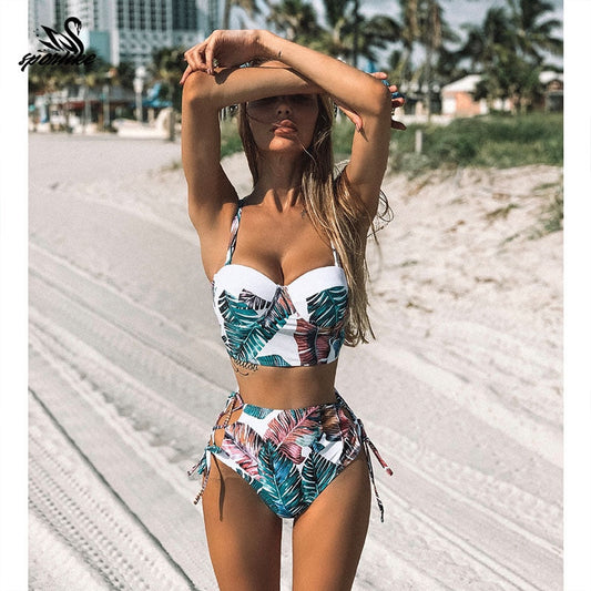 Leaves Printed Push Up Swimsuit Small Chest Women Two Piece