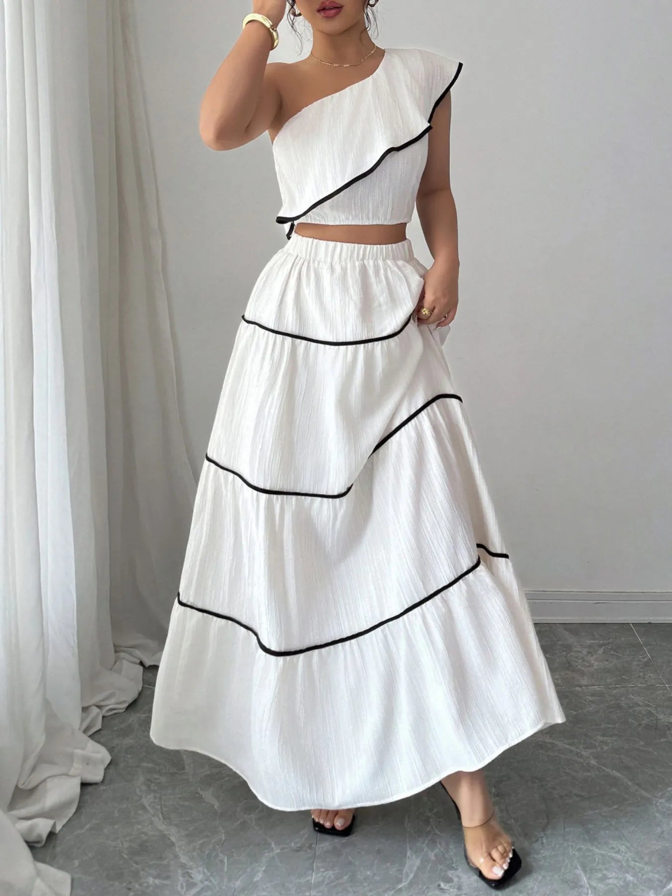 One-Shoulder Ruffle Top and Skirt Two-Piece Set