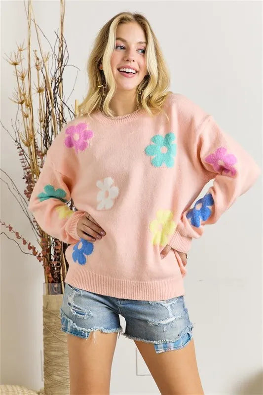 ADORA Full Size Flower Popped Sweater Plus Size