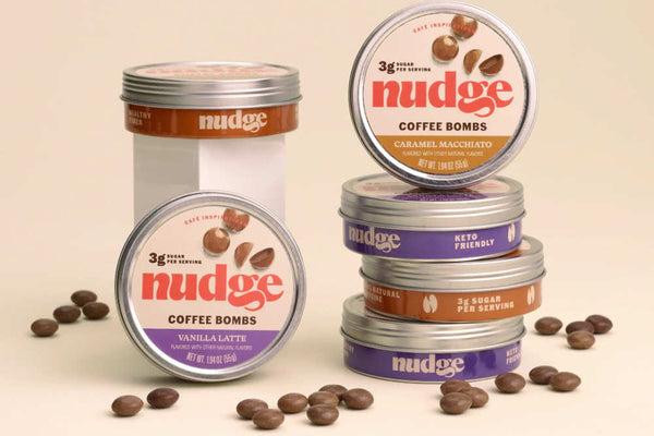 Nudge coffee snacks from The Whole Coffee Co include "bombs," bars, and coffee oil