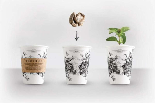 The Truth Coffee cup allows you to grow basil, thyme, or arugula at home. 