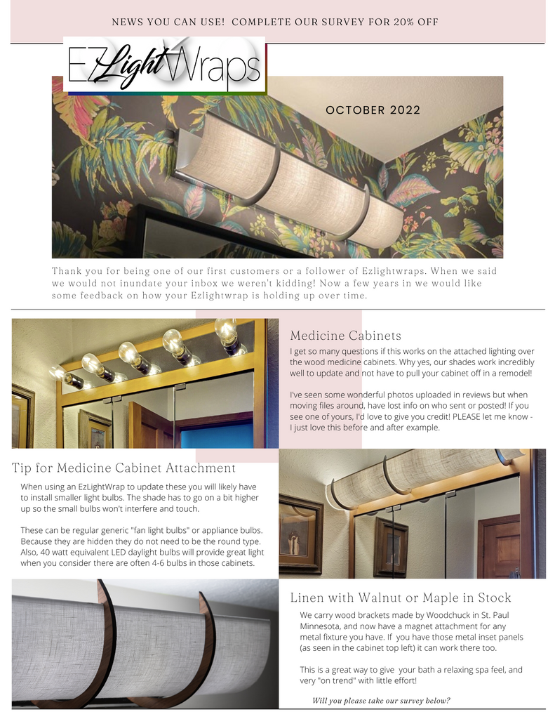 This is the EzLightWraps October 2022 Newsletter with info about wood brackets, Medicine Cabinet attachment and a survey link with 20% off