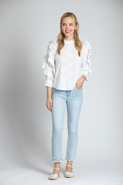 Ruffle Detail Blouse With Over Embroidery - White