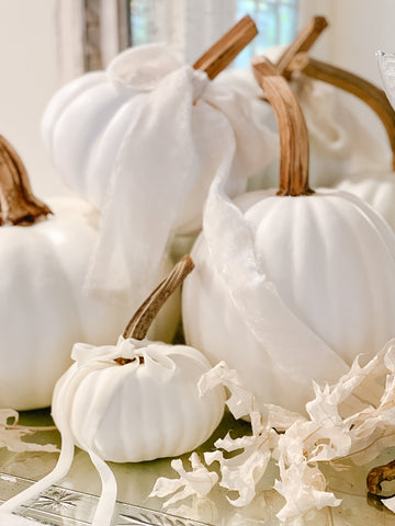 Varios tamaños de calabazas blancas con lazos de cinta de color marfil atados a los tallos.