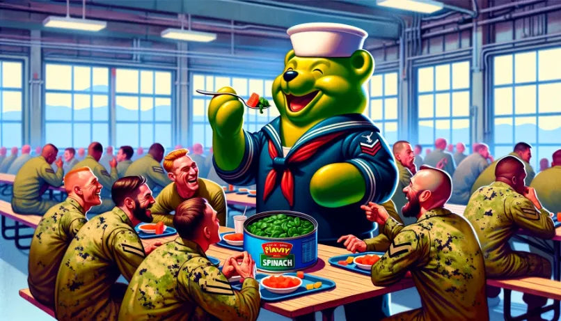 Navy SEAL Gummy Bear eating spinach