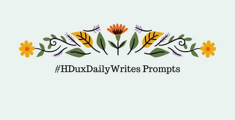 blue banner with folksy florals above and #HDuxDailyWrites Prompts below