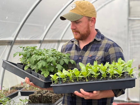 Sean Pessarra holding trays of plants