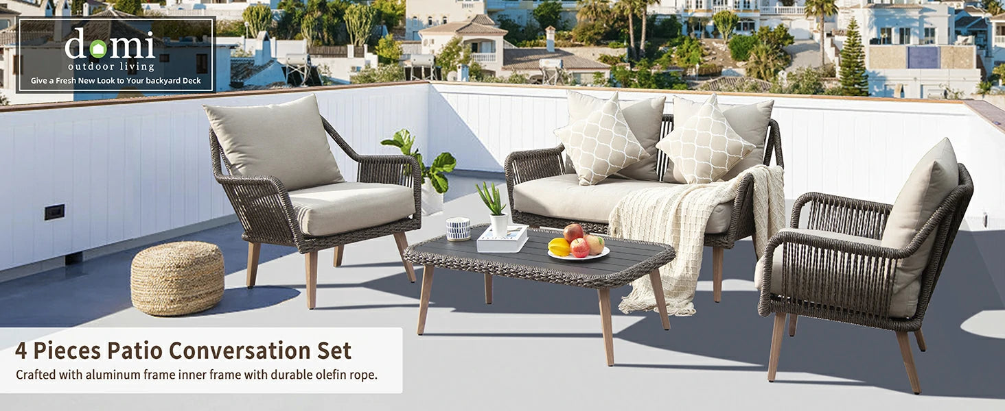 Domi Outdoor Living Rattan Sofa Set 4 Pieces - Khaki