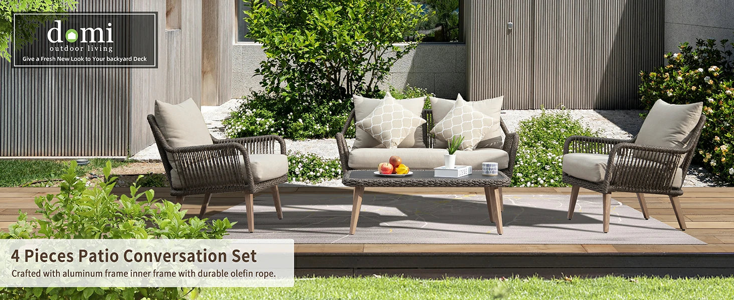 Domi Outdoor Living Rattan Sofa Set 4 Pieces - Khaki