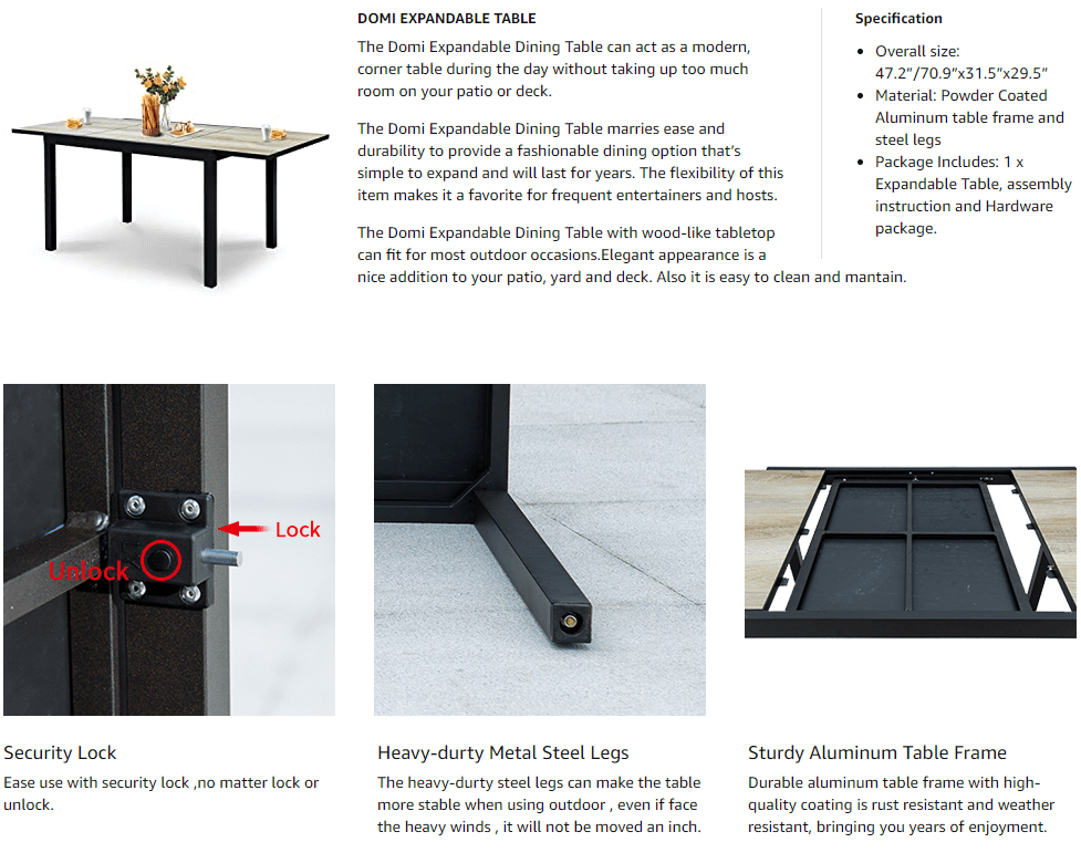 Domi Outdoor Living Patio Dining Expandable Table