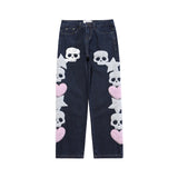 Skull and Five Stars Towel Embroidery Ripped Jeans Mens Pants Harajuku Vibe Style Streetwear Oversize Casual Denim Trousers