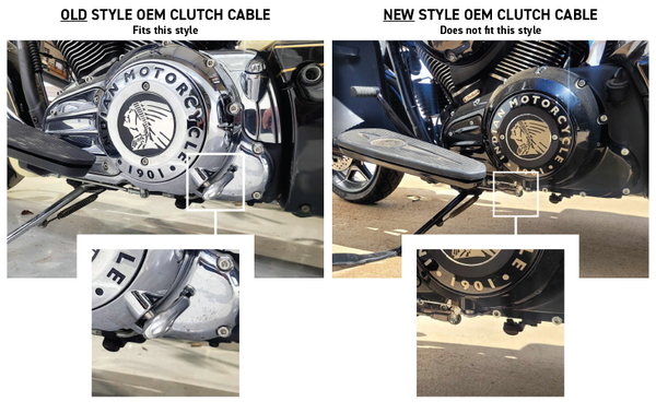 Side-by-side graphic comparing clutch cable styles in old versus new Indian models