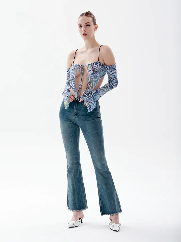 Autumn New One-Shoulder Sling Butterfly Print Short Section Navel Open Back Tie Shirt Long-Sleeved Women
