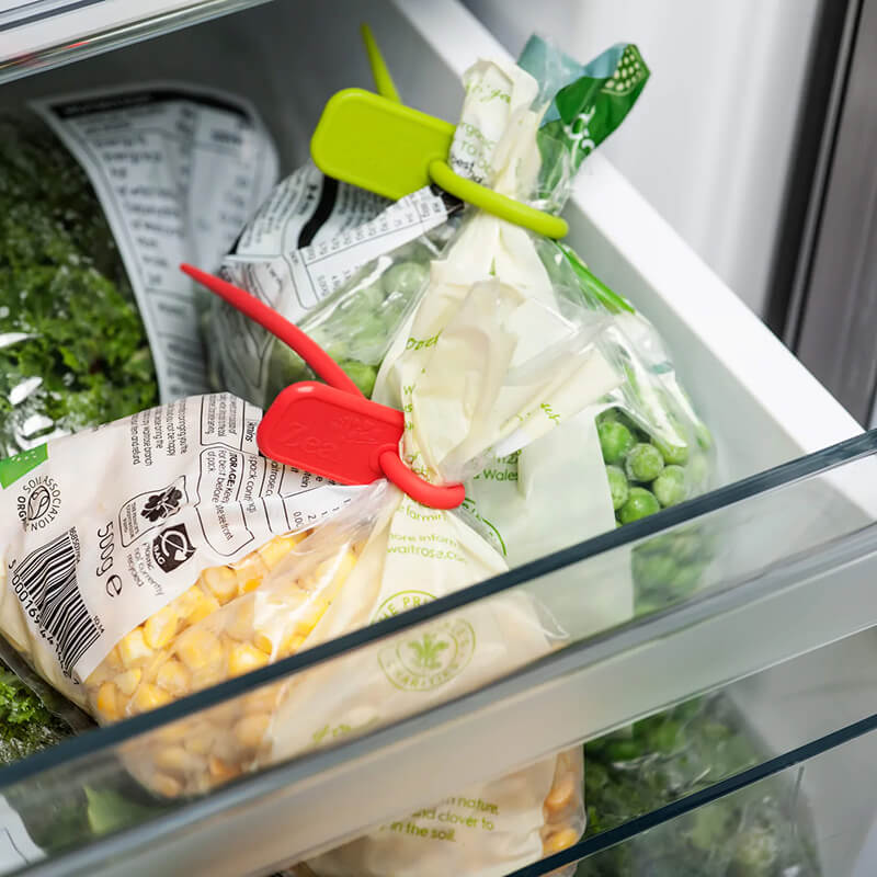 Sustainable Bag Ties storing food in a freezer