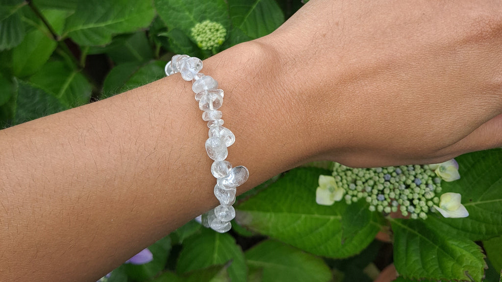 image of a clear quartz chip bracelet. this healing crystal is available at dumi's crystals