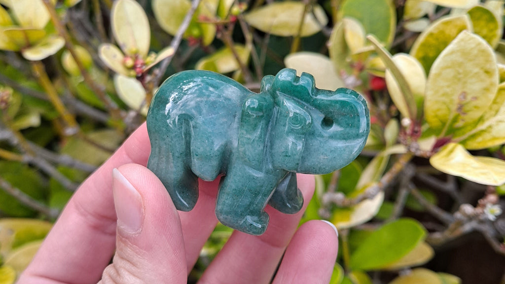 image of a green aventurine elephant carving. this healing crystal is available at dumi's crystals