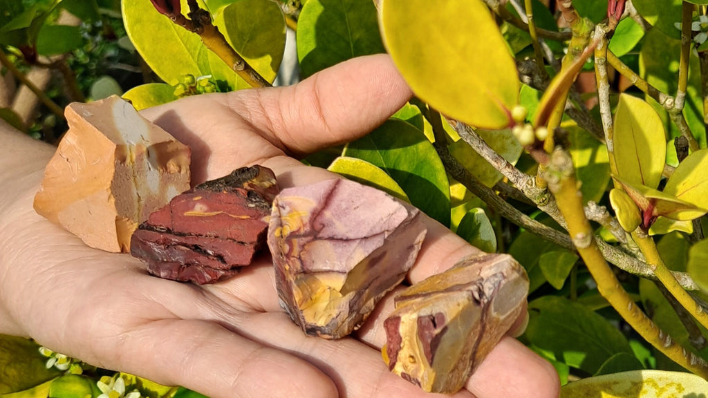 image of mookaite rough stones. this crystal is available at dumi's crystals