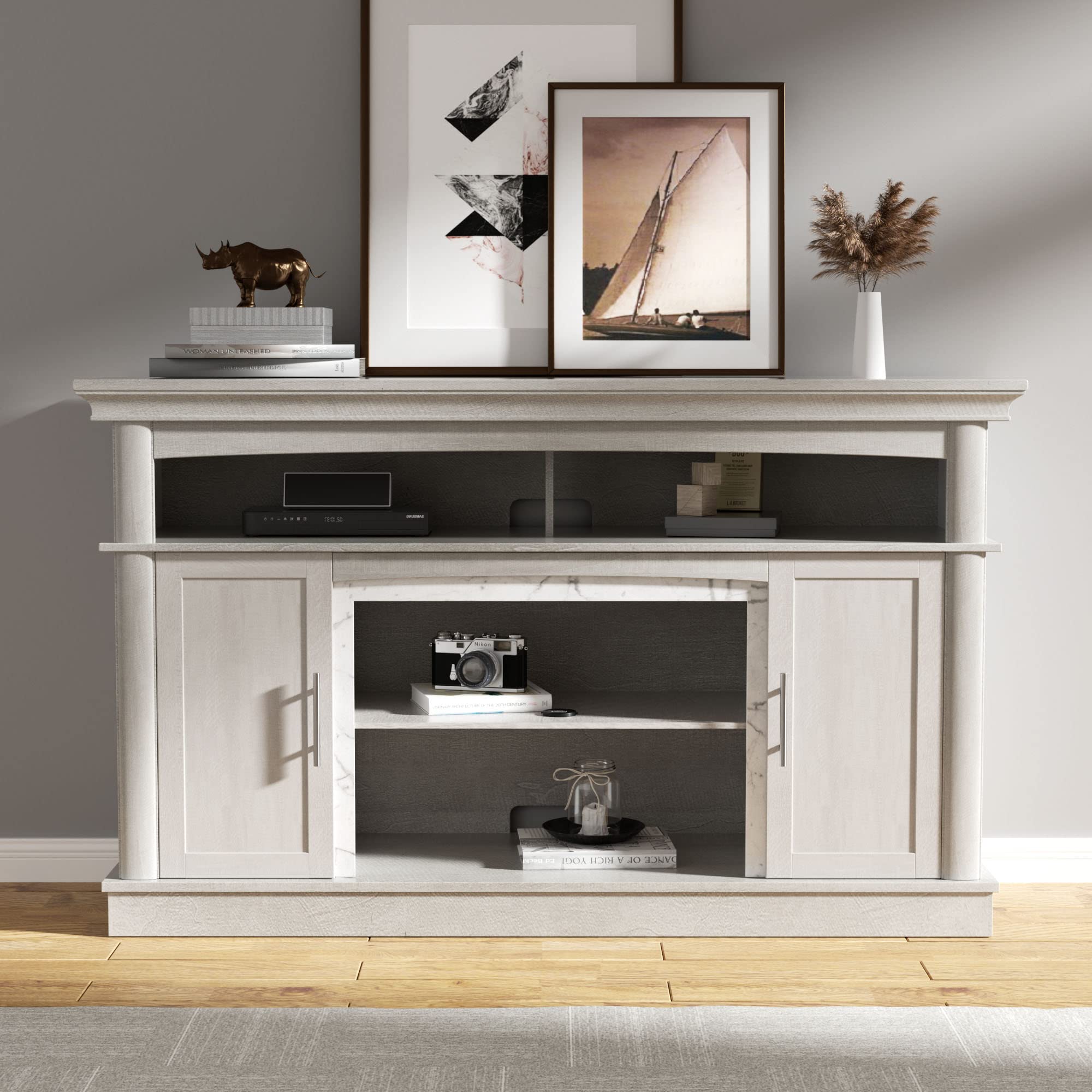 LGHM 58" TV Stand, Entertainment Center for 65 inch TV with Faux Marble Finish Without Fireplace