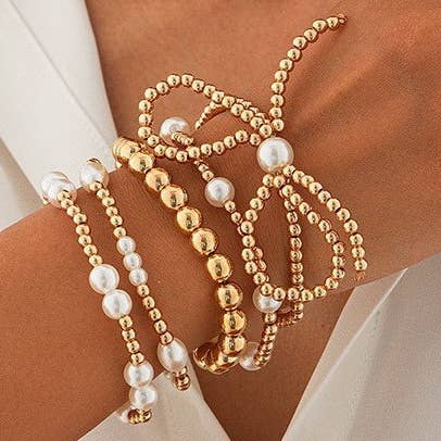 MULTI LAYER BALL CHAIN BEAD PEARL BOW BRACELET | 40B5135